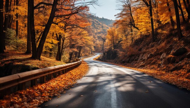 Foto een prachtig herfstbeeld van een kronkelende weg met bomen die op een zonnige dag levendige herfstkleuren vertonen