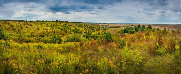 Een prachtig herfstpanorama van het landschap onder een dramatische bewolkte hemel