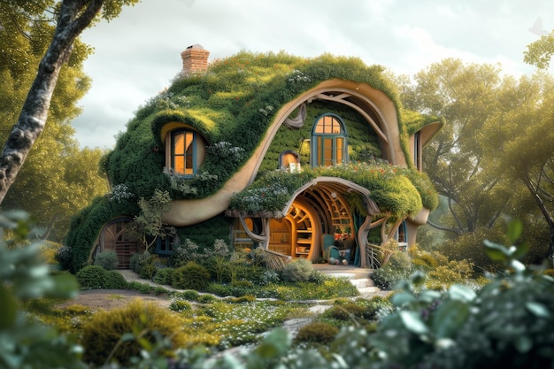 Een prachtig houten huis met een dak van mos staat in het bos 3d illustratie