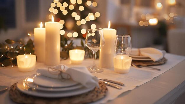 Foto een prachtig ingerichte tafel voor een romantisch diner de tafel is bedekt met een wit tafeltje en er zijn twee plaatsinstellingen