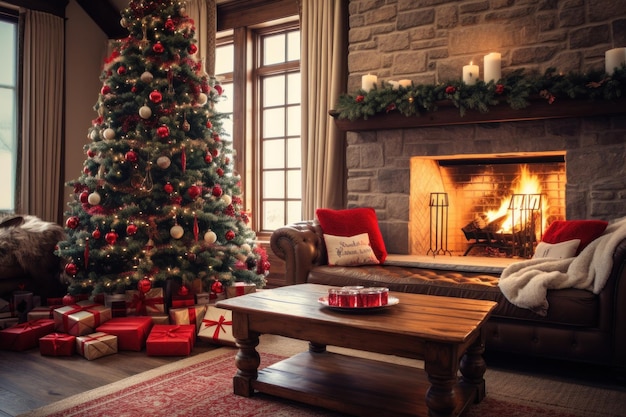 een prachtig ingerichte woonkamer met een kerstboom geschenken en kransen