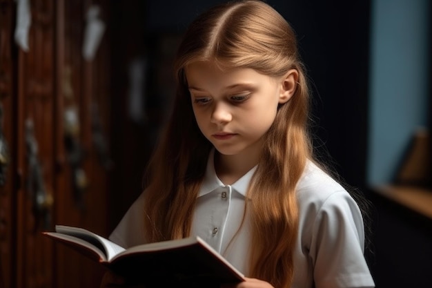 Een prachtig jong schoolmeisje dat een boek leest op school gemaakt met generatieve AI