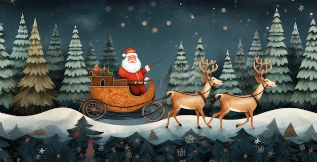 Een prachtig kunstwerk van de kerstman in zijn rode pak en hoed die op zijn slee rijdt met twee rendieren in een