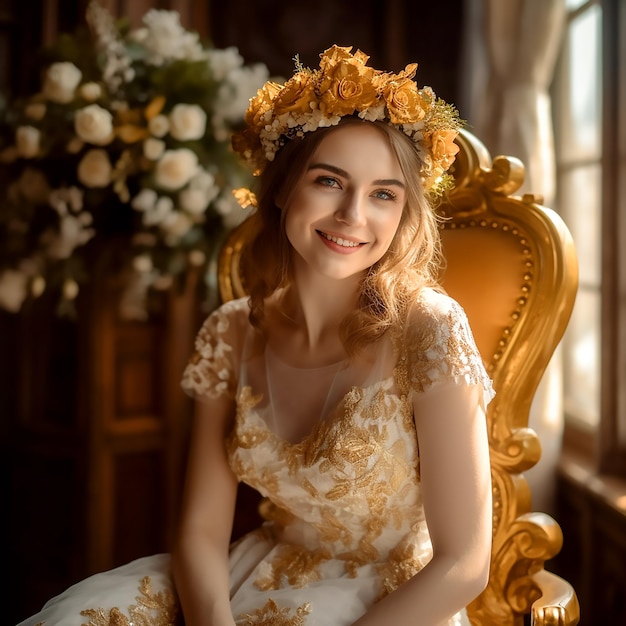 Een prachtig lachend meisje dat voor de camera poseert met een bloemenkroon zittend op een luxe stoel