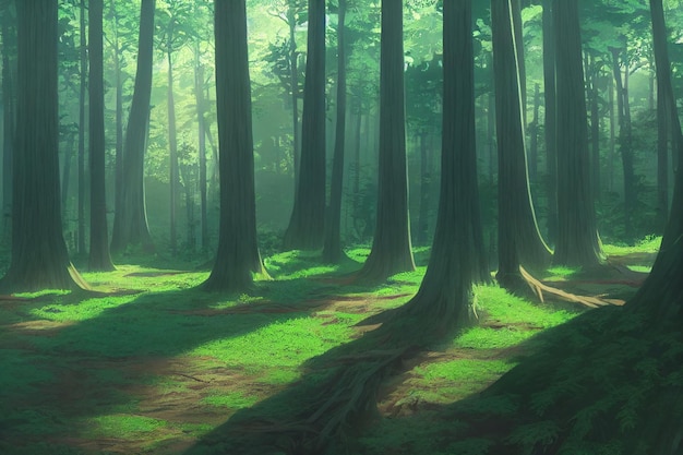Een prachtig landelijk natuurbos een illustratie in een anime-achtergrondanimatiestijl