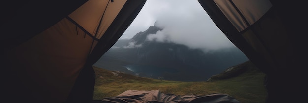 Een prachtig landschap gezien vanuit de binnenkant van een knusse tent Generative AI