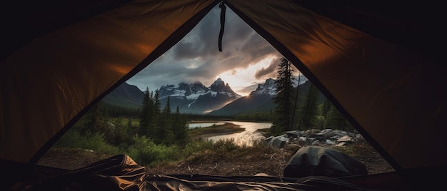 Een prachtig landschap gezien vanuit de binnenkant van een knusse tent Generative AI