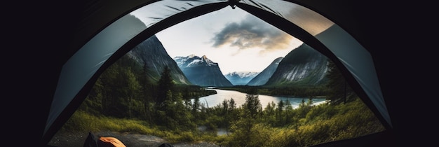 Een prachtig landschap gezien vanuit de binnenkant van een knusse tent Generative AI