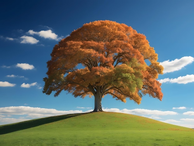 Een prachtig landschap met een brede uitgestrektheid van heldere blauwe hemel rollende groene heuvels en een enkele majes