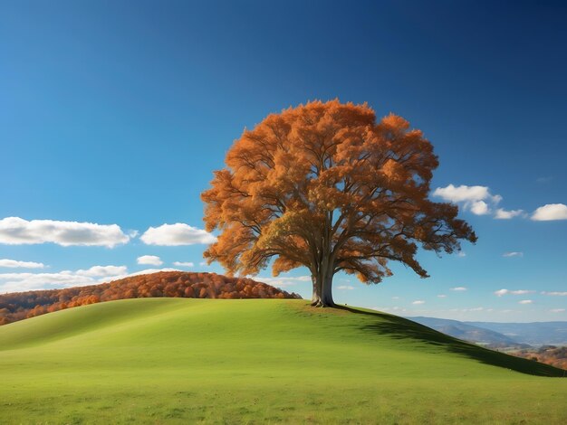 Een prachtig landschap met een brede uitgestrektheid van heldere blauwe hemel rollende groene heuvels en een enkele majes