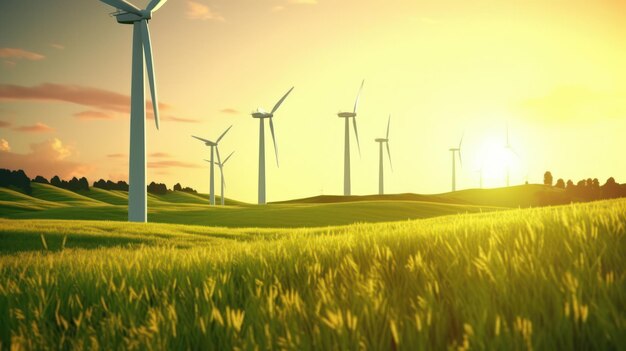 Een prachtig landschap met windparken op een groen bloeiende weide in het licht van de dageraad of ondergang