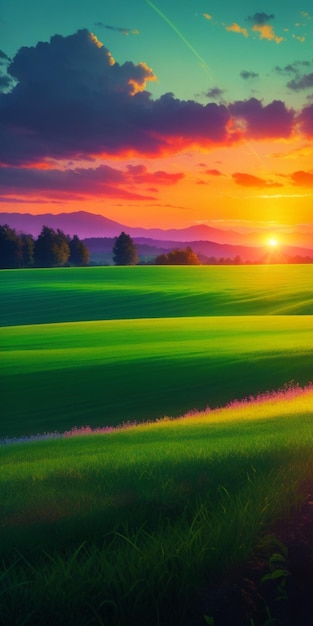 Een prachtig landschap ontvouwt zich als de zon ondergaat en de lucht met levendige kleuren schildert