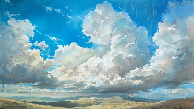 Foto een prachtig landschap schilderij van een uitgestrekt veld onder een bewolkte hemel de wolken zijn in grote detail afgebeeld met een verscheidenheid aan vormen en maten