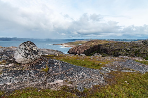 Een prachtig landschap van de Noordzeekust met stenen bedekt met kleurrijk mos. Uitzicht vanaf de berg.Teriberka, Barentszzee, regio Moermansk, schiereiland Kola