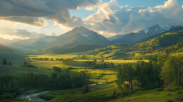 Een prachtig landschap van een groene vallei met bergen en bomen