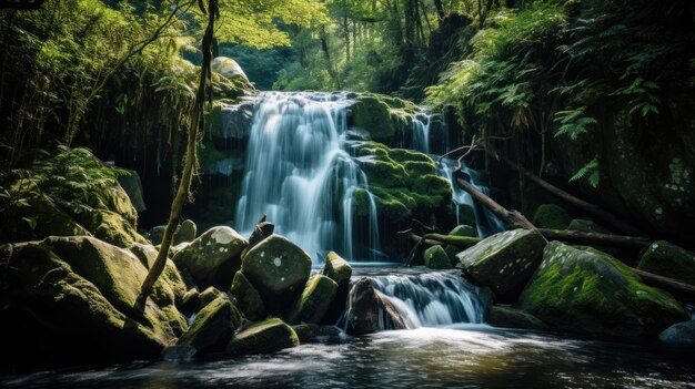 Een prachtig landschap van watervallen omringd door weelderige tropische bossen