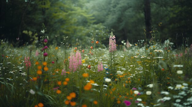 Een prachtig landschapsbeeld met wilde bloemen die bloeien in een weide.