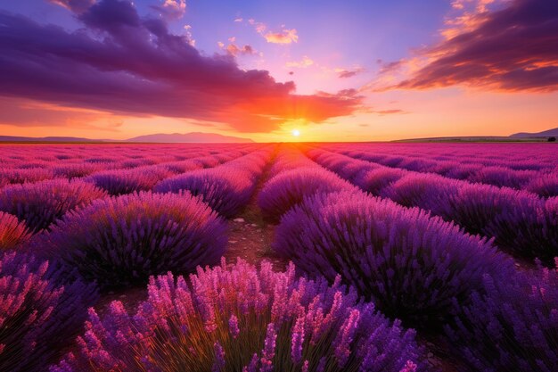 Foto een prachtig lavendelveld bij zonsondergang een prachtig lavendelveld tegen de achtergrond van een dramatische zonsondergang ai gegenereerd