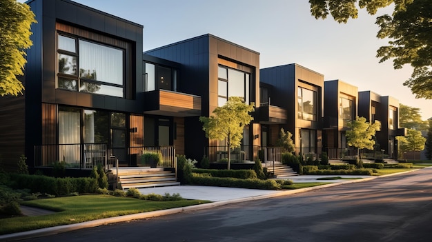 Een prachtig modern huis met zwarte kozijnen en landschapsarchitectuur