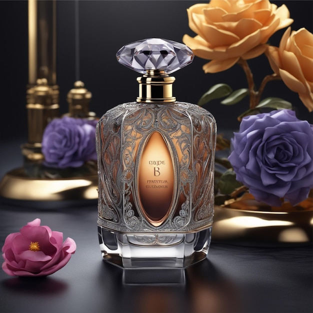 Een prachtig parfumflesje met water erop met een donkere luxe doos gepresenteerd in een donkere omgeving