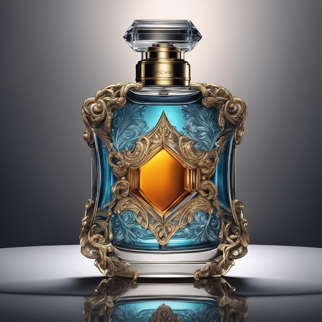 Een prachtig parfumflesje met water erop met een donkere luxe doos gepresenteerd in een donkere omgeving