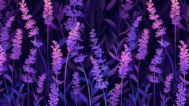 Foto een prachtig patroon van lavendelbloemen in tinten paars de bloemen staan tegen een donkere achtergrond waardoor ze opvallen