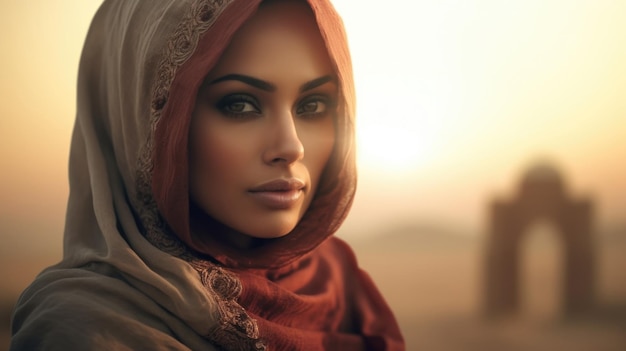 Een prachtig portret van een vrouw uit de Emiraten tegen de achtergrond van het woestijnlandschap, waarin het rijke culturele erfgoed van de Arabische wereld wordt getoond.