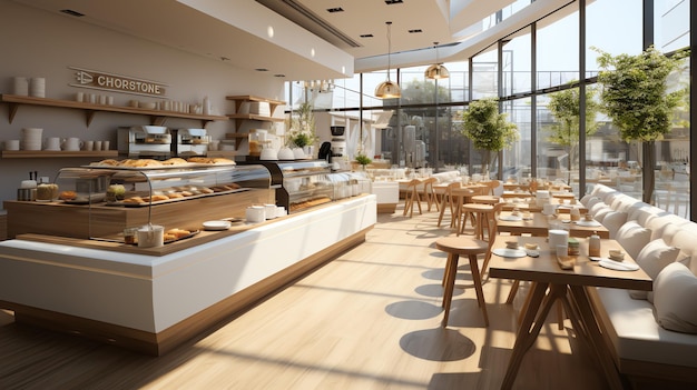 Een prachtig restaurant of coffeeshop met moderne stijl en een houten interieur van een restaurant