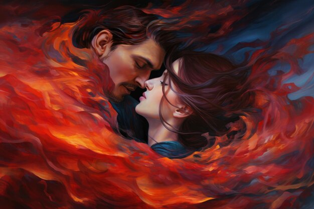 Een prachtig schilderij dat een intiem moment vastlegt tussen een man en een vrouw terwijl ze elkaar omhelzen een wervelwind van emoties overgebracht door wervelende acrylkleuren AI gegenereerd