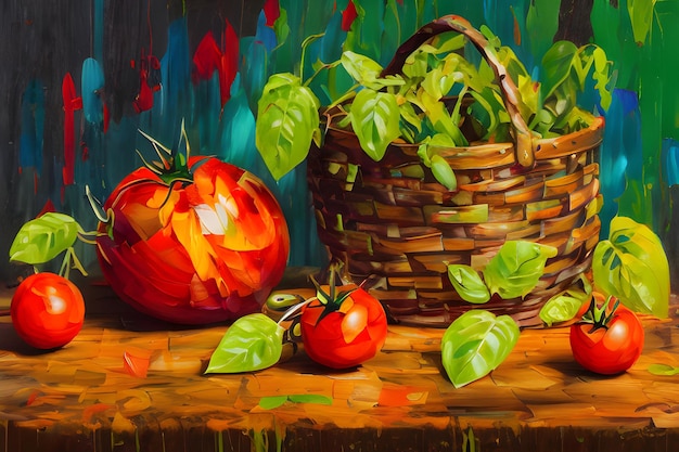 Een prachtig schilderij met de levendige tinten van rijpe tomaten in een prachtige mand