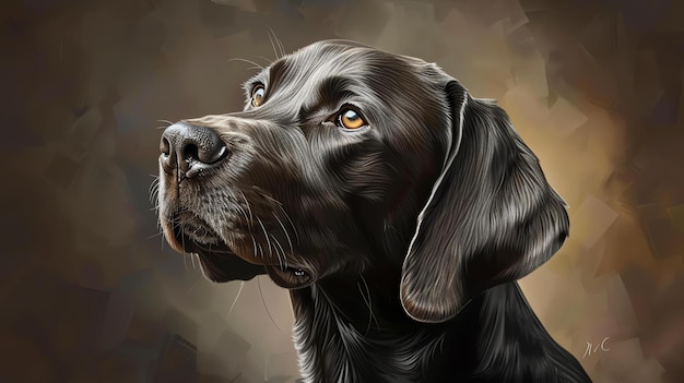 Een prachtig schilderij van een chocolade Labrador Retriever De hond kijkt omhoog met zijn oren open alsof hij naar iets luistert
