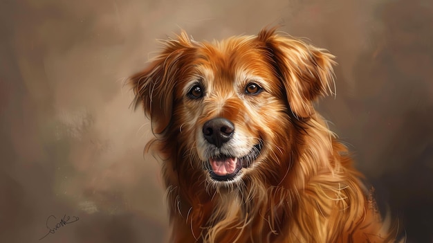 Een prachtig schilderij van een Golden Retriever De hond heeft een vriendelijke uitdrukking op zijn gezicht en kijkt naar de toeschouwer