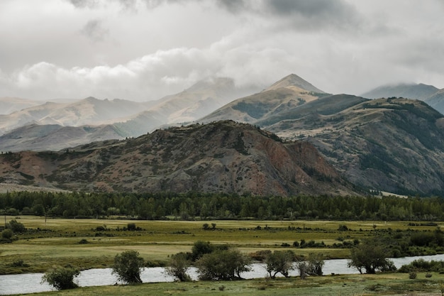 Een prachtig Siberisch landschap met een rivier tegen een achtergrond van bergen in de Altai Republiek