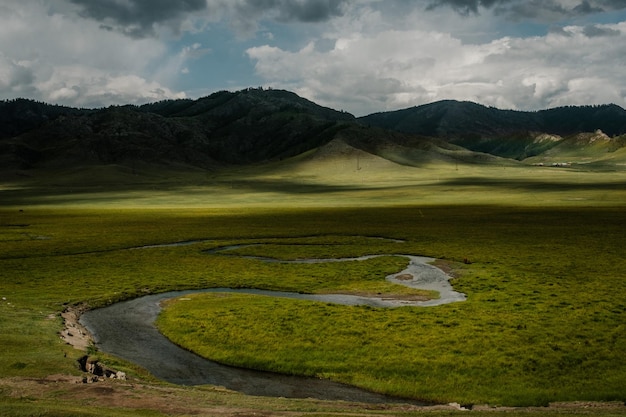 Een prachtig Siberisch landschap met een rivier tegen een achtergrond van bergen in de Altai Republiek