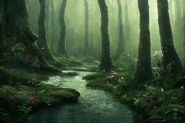 Een prachtig sprookjesachtig betoverd bos met grote bomen en geweldige vegetatie Digitale schilderachtergrond