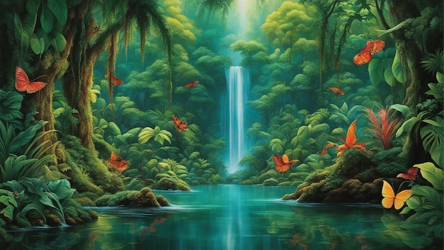 Een prachtig sprookjesachtig betoverd bos met grote bomen en waterval vegetatie digitale schilderij