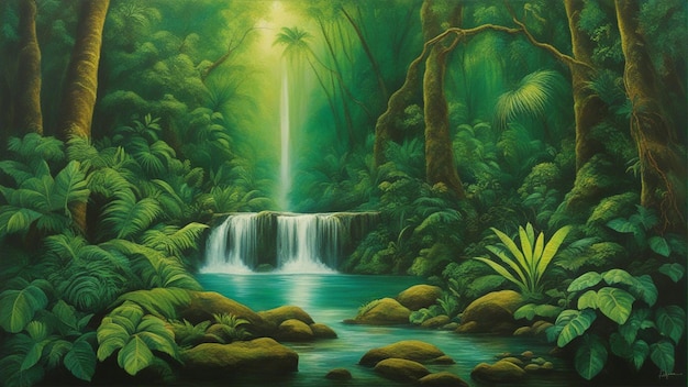 Een prachtig sprookjesachtig betoverd bos met grote bomen en waterval vegetatie digitale schilderij