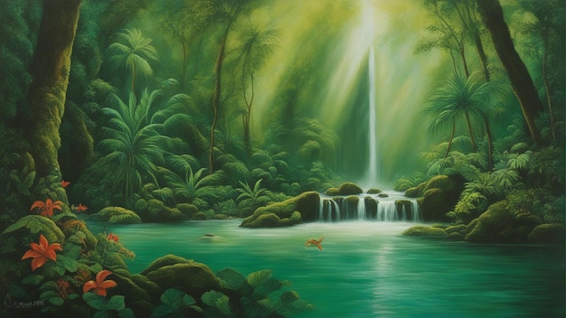 Foto een prachtig sprookjesachtig betoverd bos met grote bomen en waterval vegetatie digitale schilderij