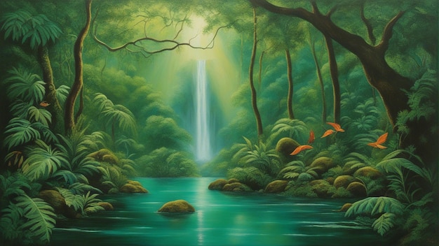 Foto een prachtig sprookjesachtig betoverd bos met grote bomen en waterval vegetatie digitale schilderij