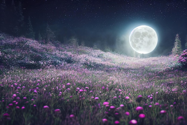 Foto een prachtig sprookjesachtig betoverd bos 's nachts met een grote maan aan de hemel die bomen verlicht en geweldige vegetatie