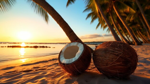 Een prachtig strand met kokospalmen bij zonsondergang Generatieve AI