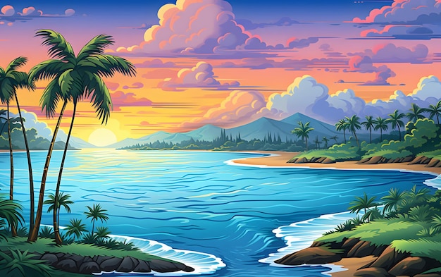 een prachtig strandtafereel in de stijl van gedurfde kleurkwaliteit, exotische zonsondergangliefde