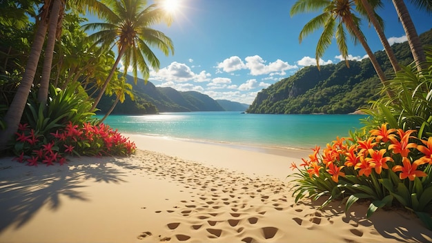 Foto een prachtig tropisch paradijsstrand met wit zand en palmbomen op een zonnige zomerdag.