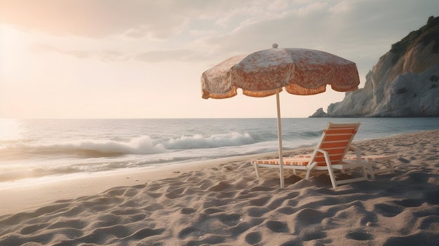 Een prachtig tropisch zandstrand met's avonds gouden uur zonsondergang en een paar paraplu stoel strand berg klif op de achtergrond goed voor achtergrond en achtergronden Zomer strand