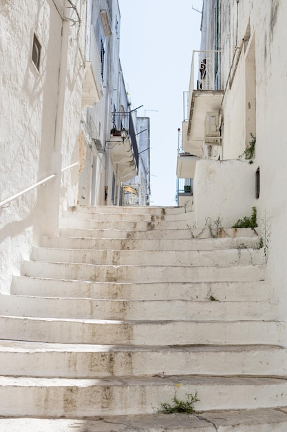 Een prachtig uitzicht op de witgekalkte straattrap in de stad Ostuni