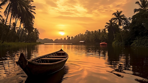 Een prachtig uitzicht op de zonsondergang over een rustig binnenwater met een traditionele Vallam-boot die gracieus vaart