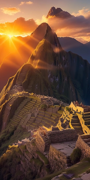 Een prachtig uitzicht op de zonsondergang van Machu Picchu, de oude Inca-citadel hoog in het Andesgebergte