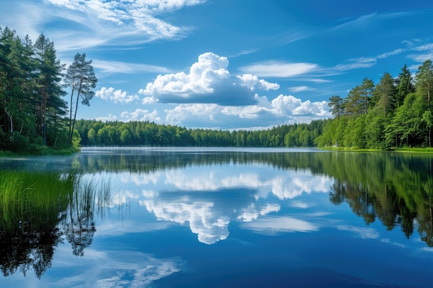 Een prachtig uitzicht op een groot meer gelegen te midden van een dicht bos hartvormige wolken die zich reflecteren in een serene meer AI gegenereerd