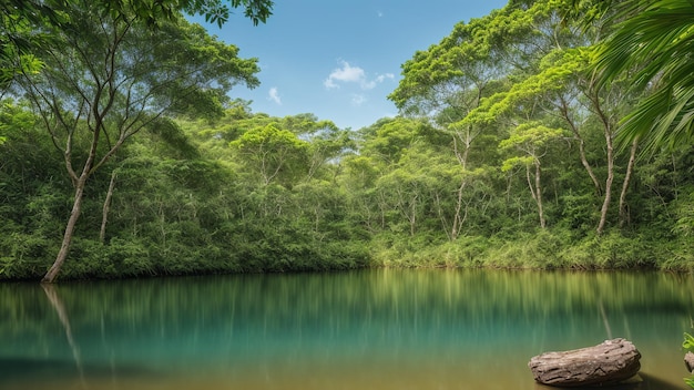 Een prachtig uitzicht op een rivier met een boomstronk in het midden AI Generative