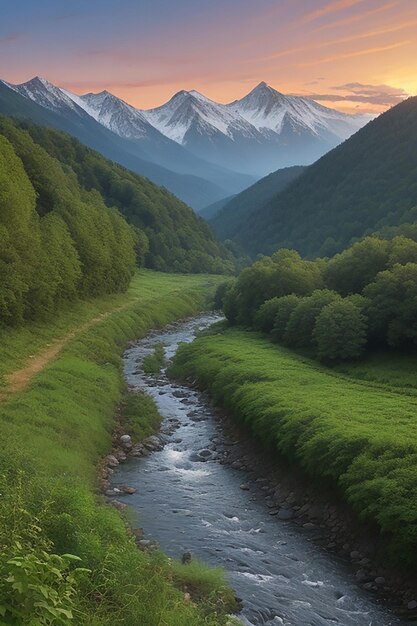 Foto een prachtig uitzicht op het berglandschap, de rivierstroom en het groene gras.